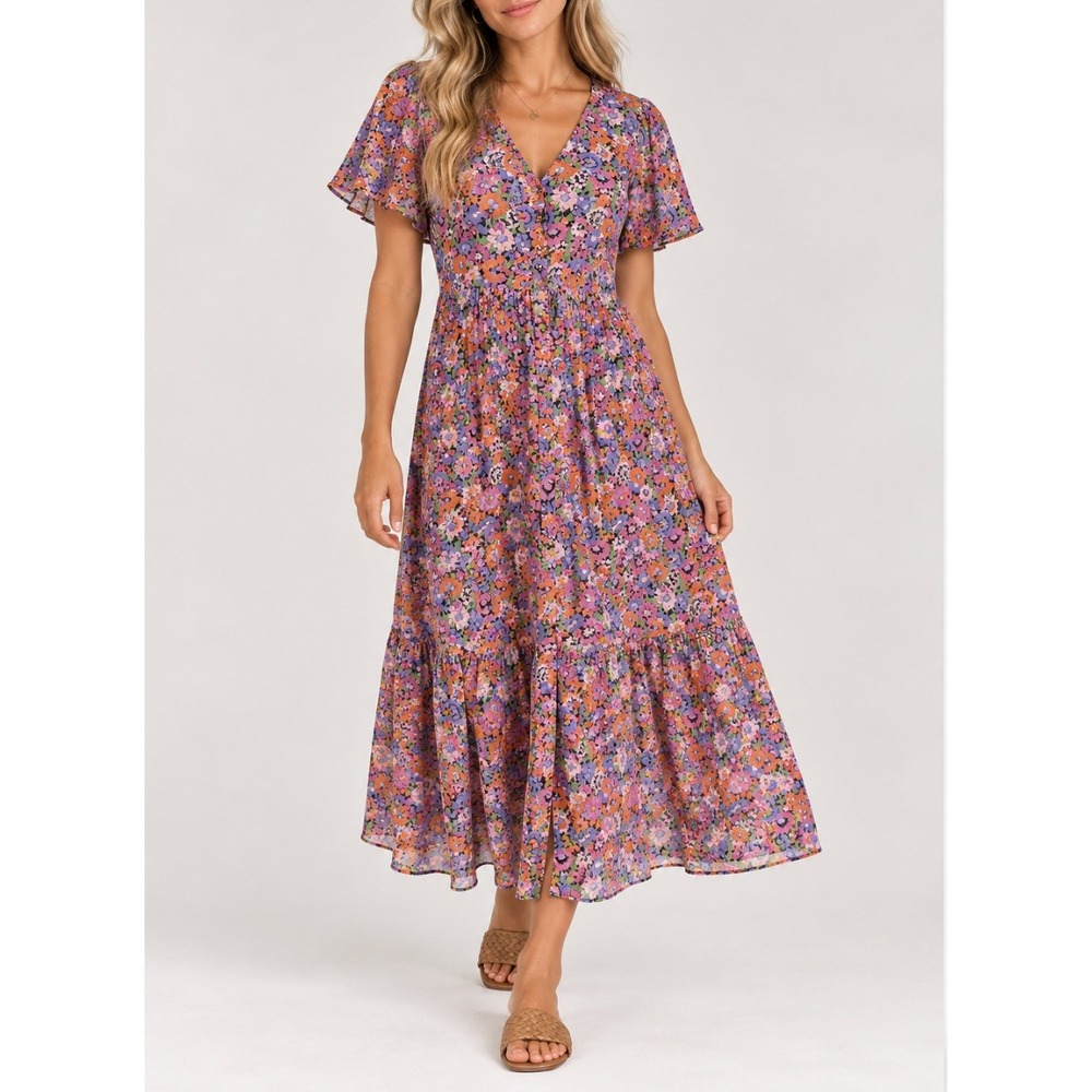 Banjanan Womens Floral Cotton Button Front Tiered Midi Dress Purple Orange Sz L